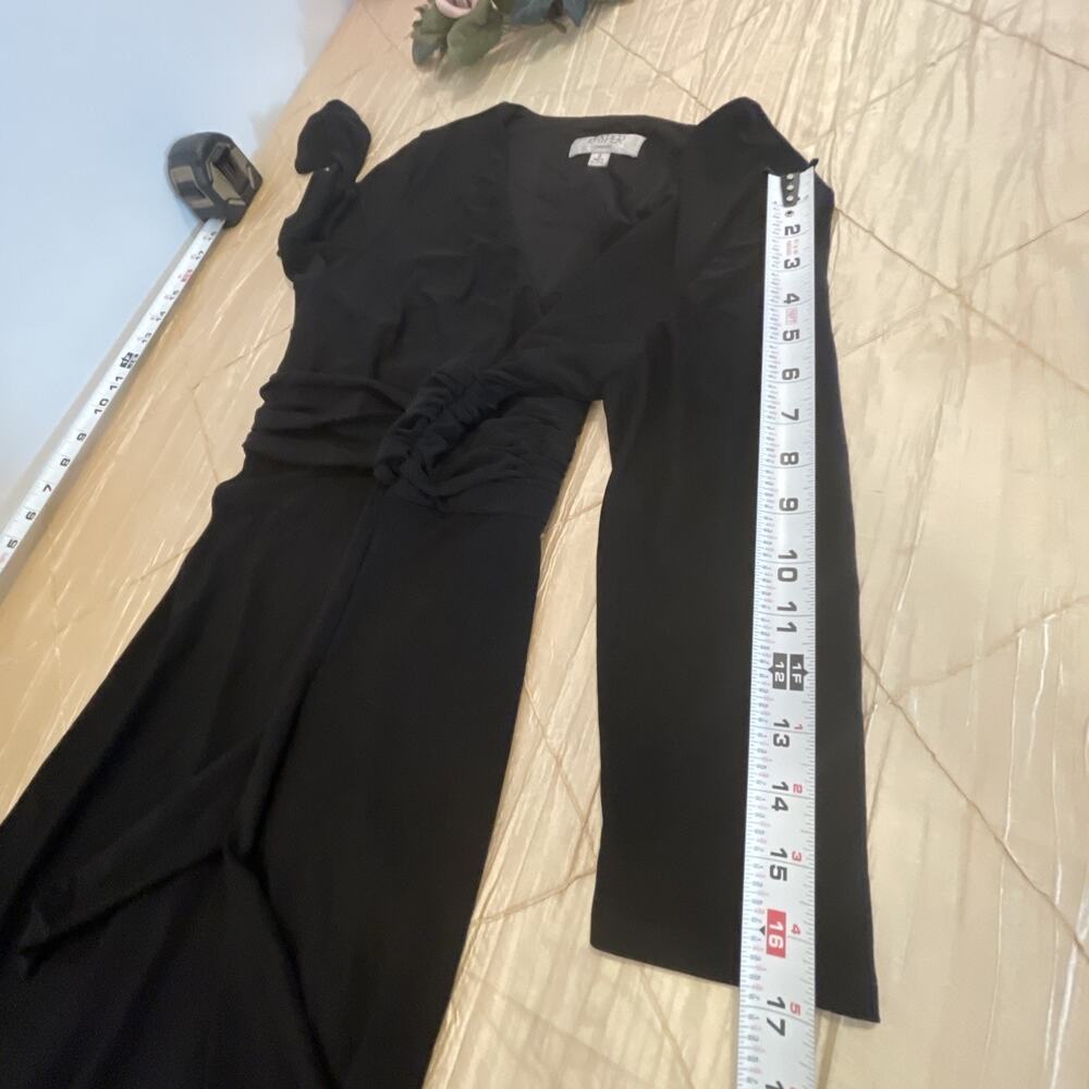 Kasper Dress Size 8 Black Faux Wrap A-Line Midi Tie Waist 3/4 Sleeve Stretch - Picture 12 of 12